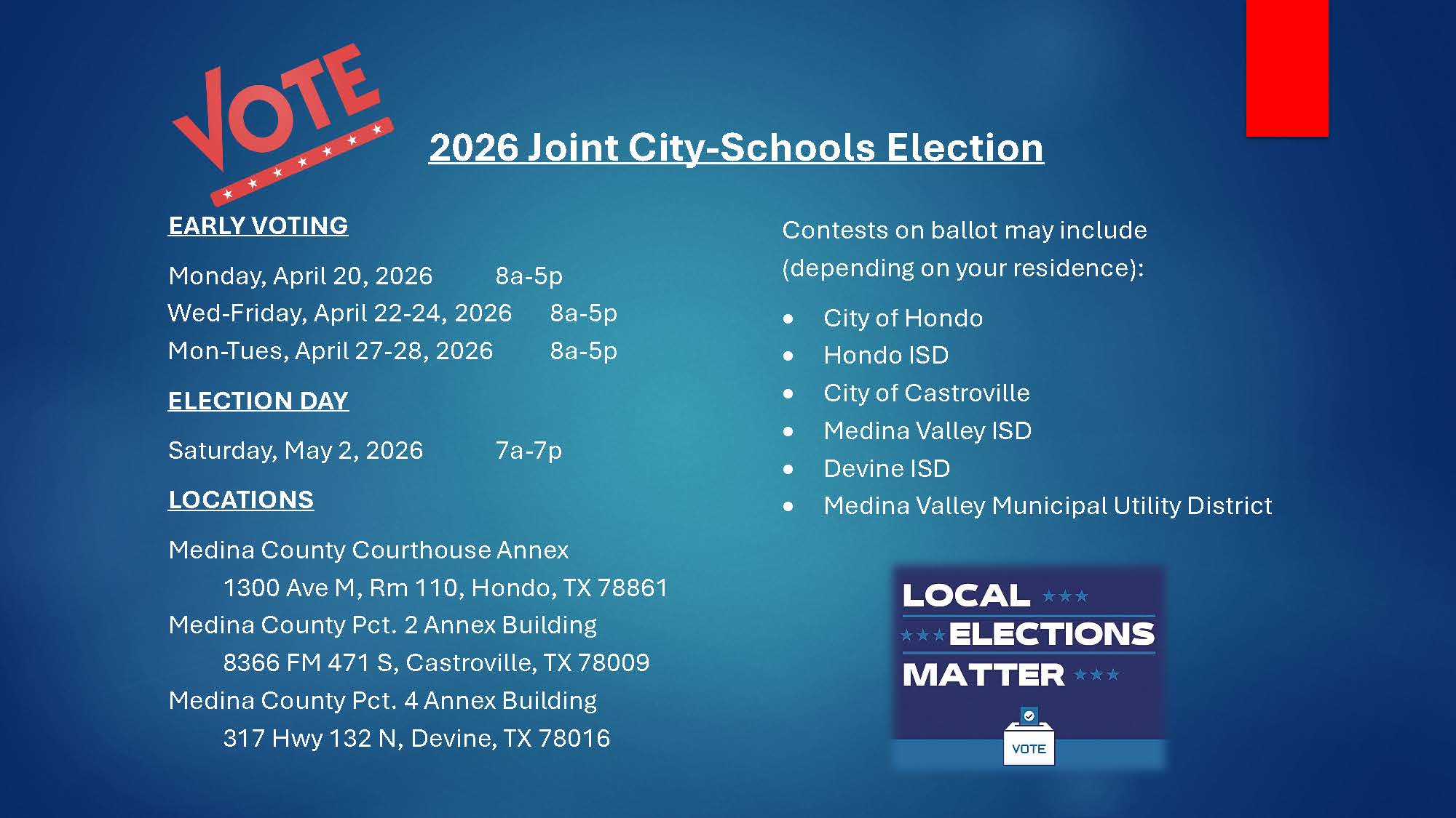 Dates Times Locations of the 2026 Joint City-Schools Election