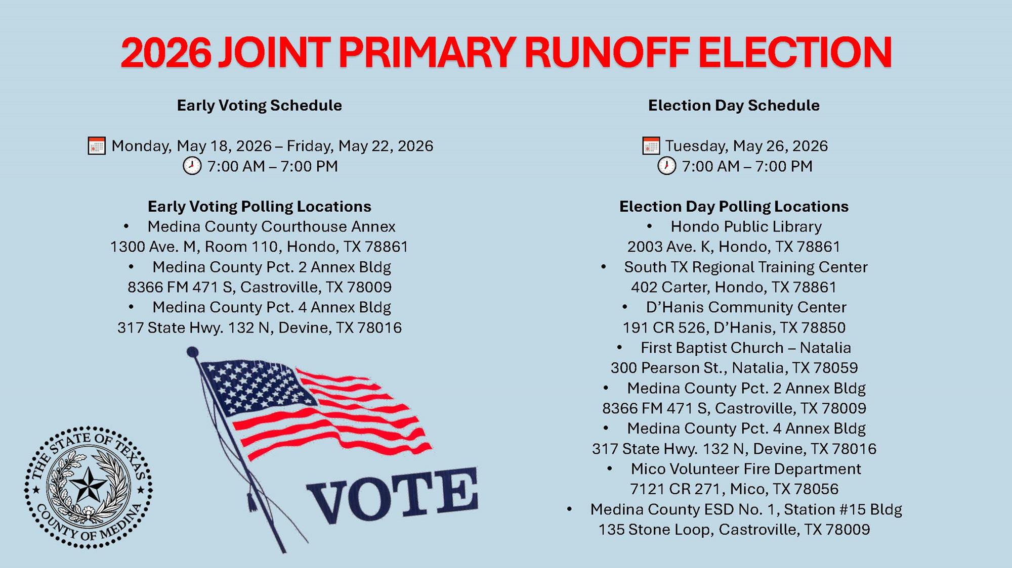 Dates Times Locations of the 2026 Joint Primary Runoff Election